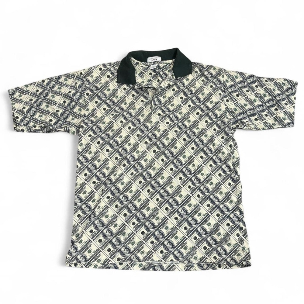 Vintage 90’s Crystal Springs $100 bills Benjamins all over print polo shirt
